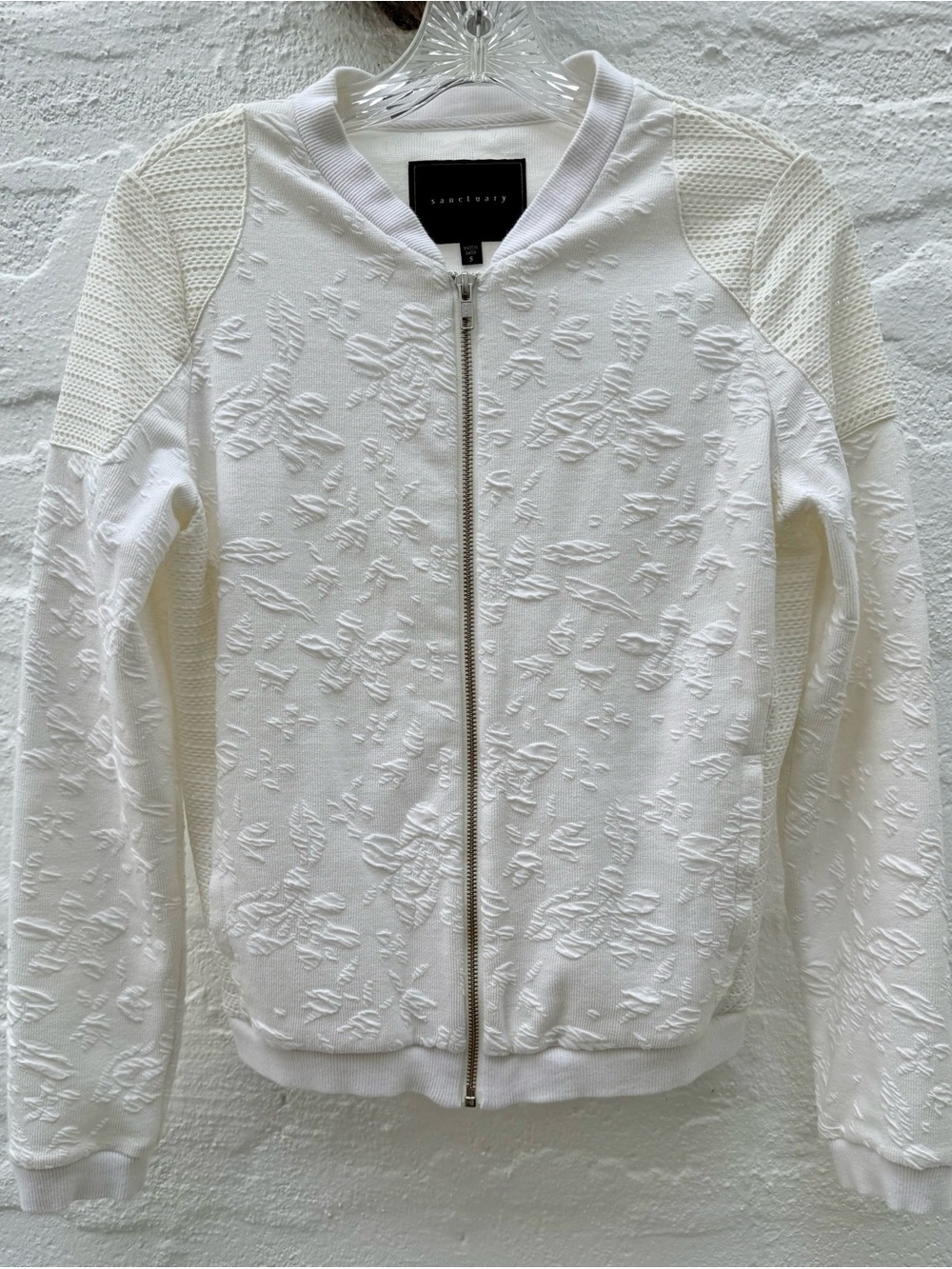 Sanctuary white multi-textured minimalist bomber jacket. Small